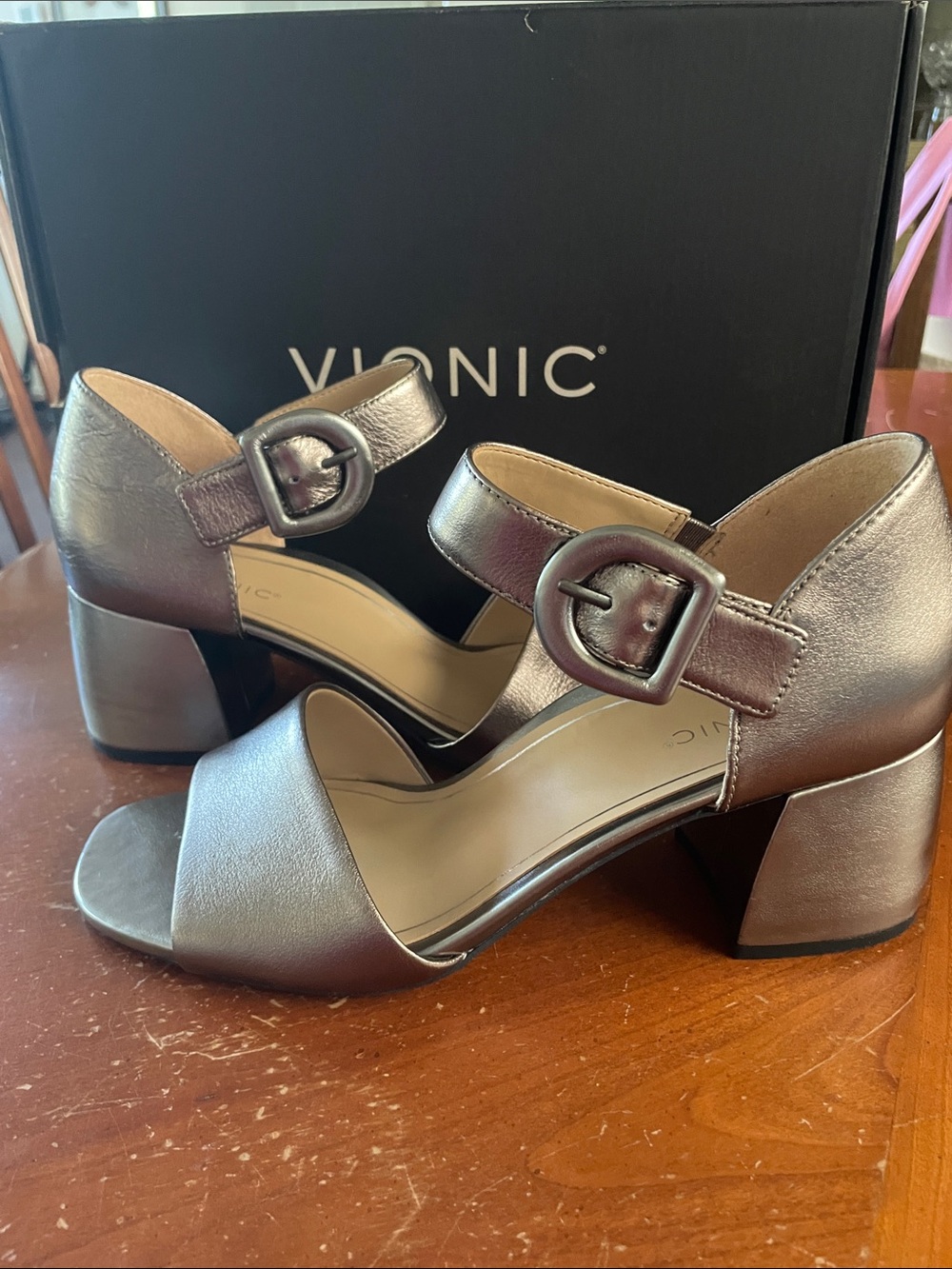 Vionic Metallic Pewter Block Heel Sandals with Buckle Strap